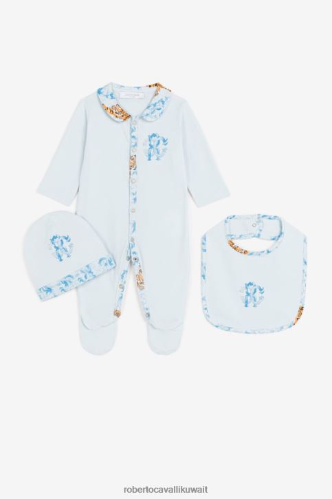 Roberto Cavalli أولاد ازرق فاتح طقم أطفال بنقش مونوغرام ونقش نمر ملابس 4H40H1652